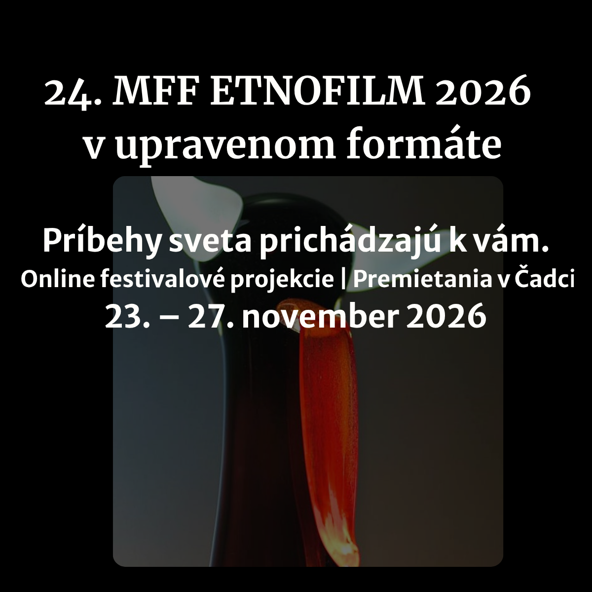 24. MFF ETNOFILM 2026 Tento rok online. Stále spolu. Medzinárodné dokumentárne filmy priamo k vám 23. 27. november 2026